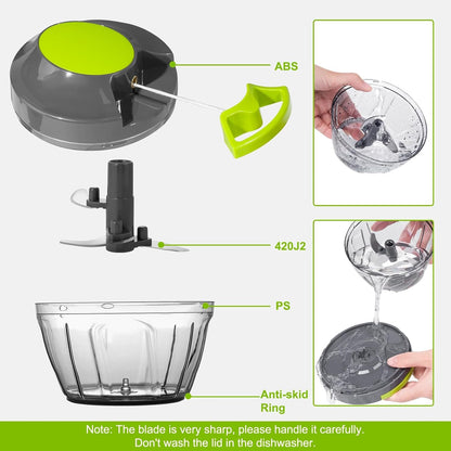 Pull-string manual food chopper chopping onions