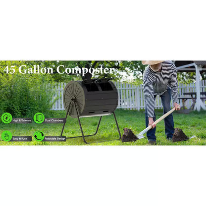 Compost Bin 37.5 Gal. Ual Chamber Composting Tumbler Large Tumbling Composter with 2 Doors and Frame