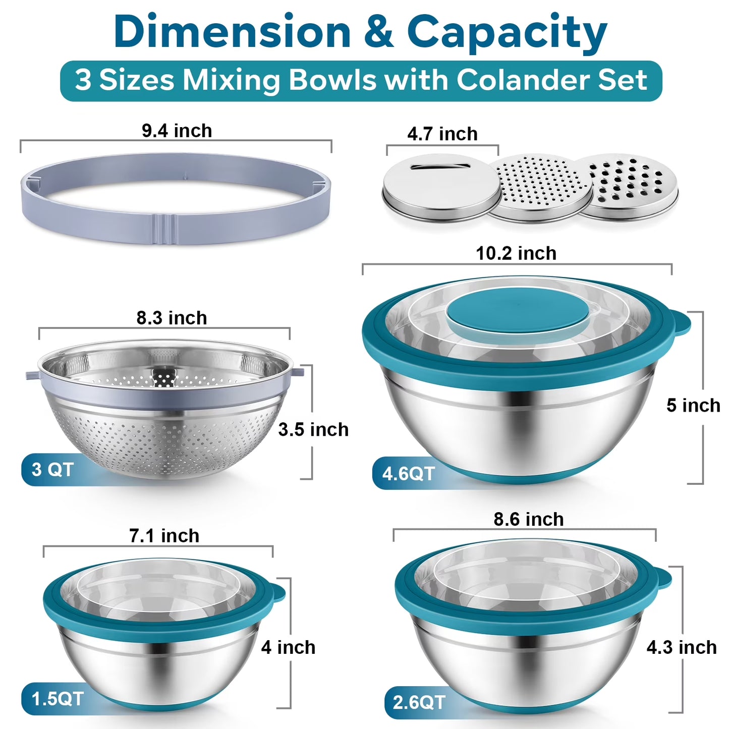 Vesteel Mixing Bowls with Lids Set of 7, Stainless Steel Nesting Bowls with Colander and 3 Graters for Draining Prepping Slicing, Nonslip Bottoms & Airtight Lid, Size 4.6, 2.6, 1.5 Qt, Blue