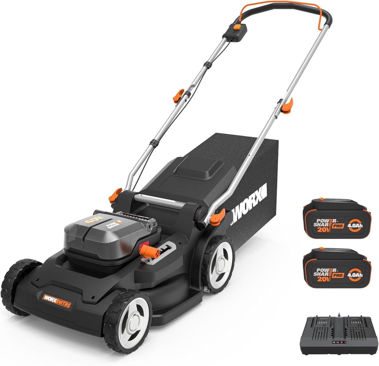 WORX 14" Cordless Lawn Mower, 2 in 1 Electric Mower Cuts Quietly, Compact & Lightweight Push Lawn Mower with 6-Position Height Adjustment for Small Yards, 2 Batteries & Charger Included, WG779