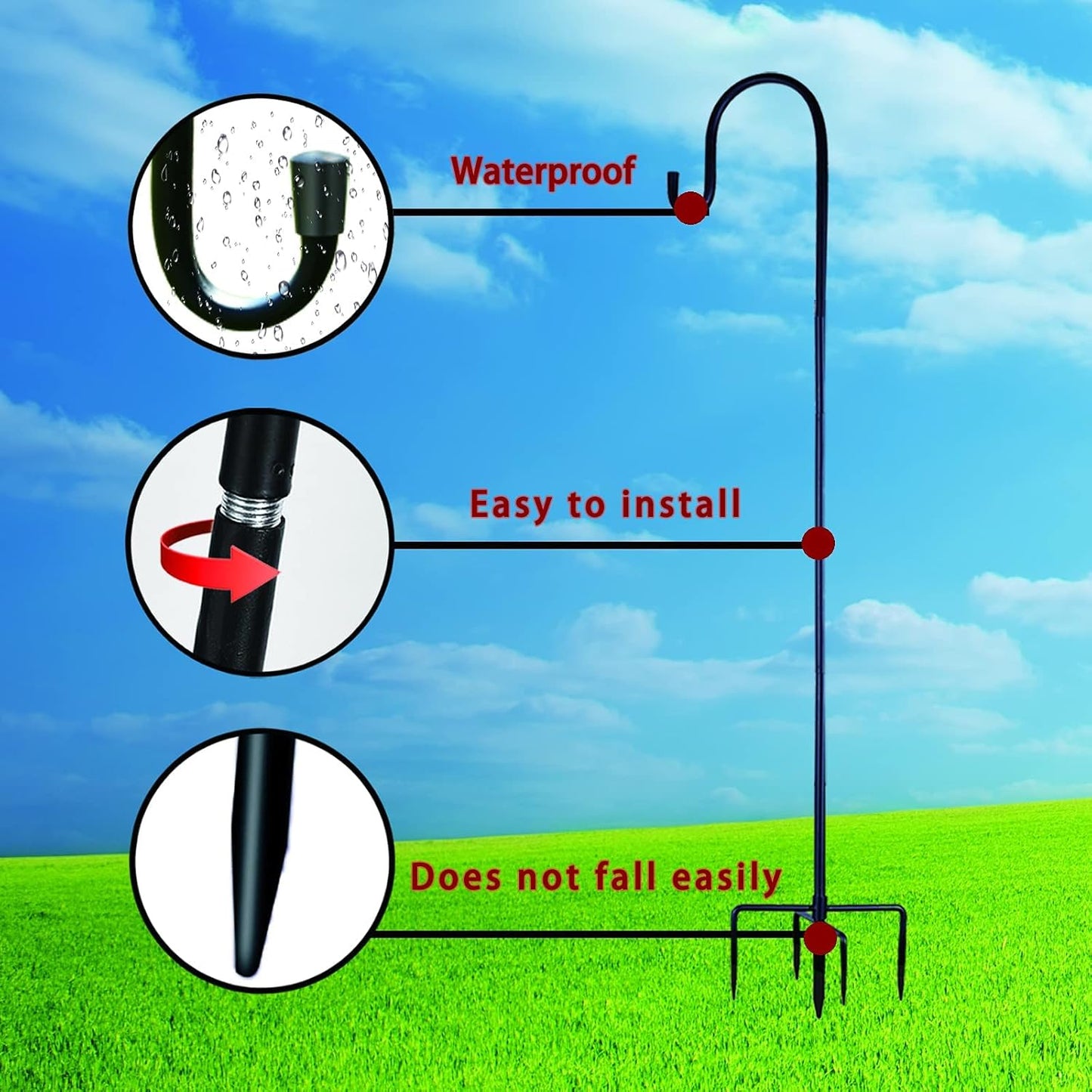 Adjustable shepherd hook, 5-prong ground stake base