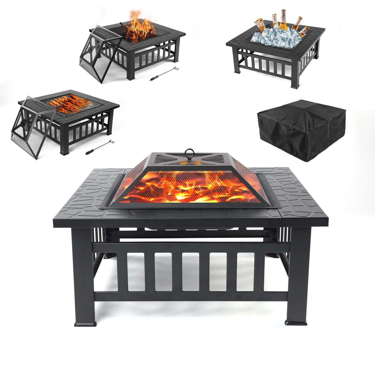 Fire Pits for Outside, 32" Wood Burning Fire Pit Tables with Screen Lid, Poker, BBQ Net, Food Clip and Cover, Backyard Patio Garden Outdoor Fire Pit/Bbq Fire Pit, Black