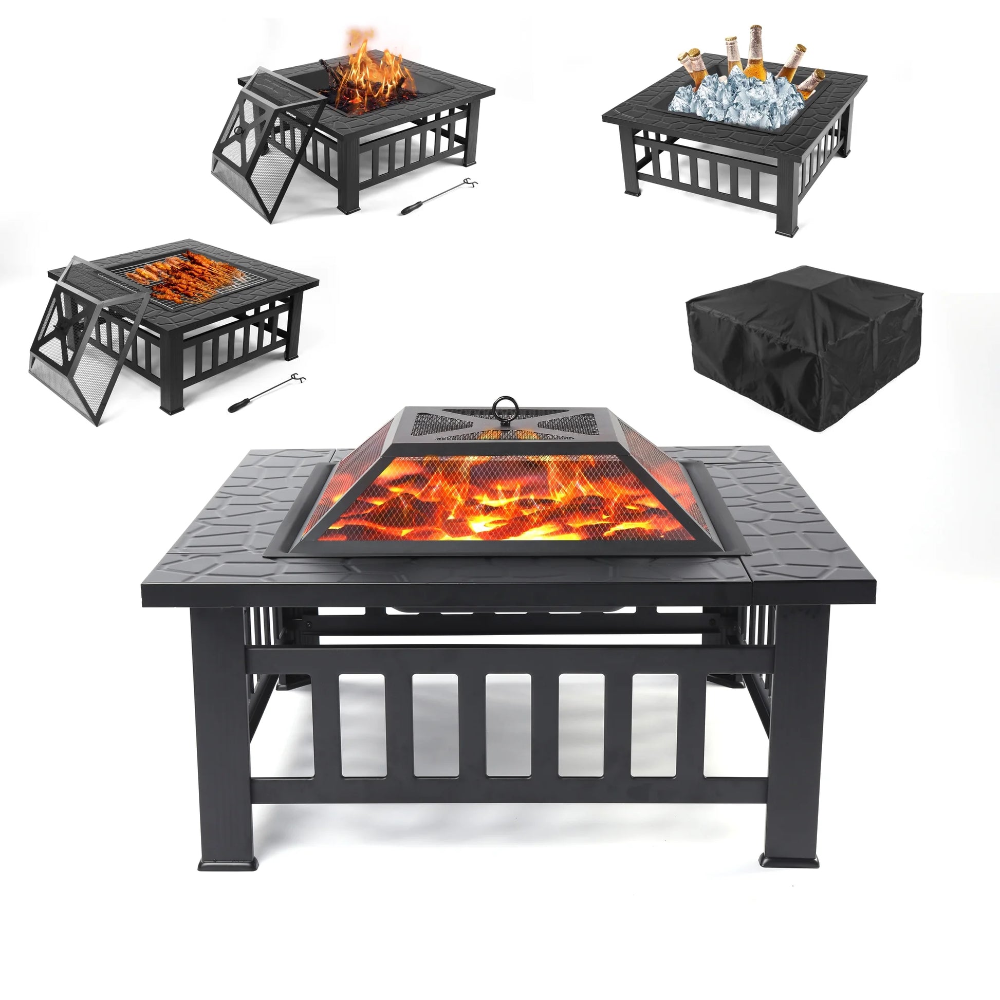 Fire Pits for Outside, 32" Wood Burning Fire Pit Tables with Screen Lid, Poker, BBQ Net, Food Clip and Cover, Backyard Patio Garden Outdoor Fire Pit/Bbq Fire Pit, Black