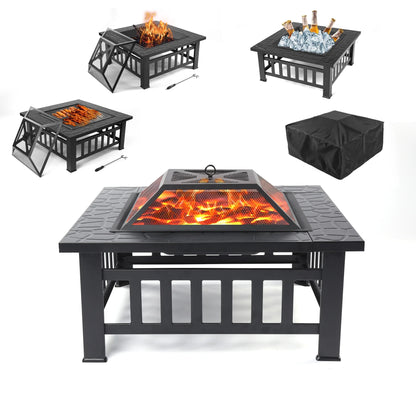Fire Pits for Outside, 32" Wood Burning Fire Pit Tables with Screen Lid, Poker, BBQ Net, Food Clip and Cover, Backyard Patio Garden Outdoor Fire Pit/Bbq Fire Pit, Black