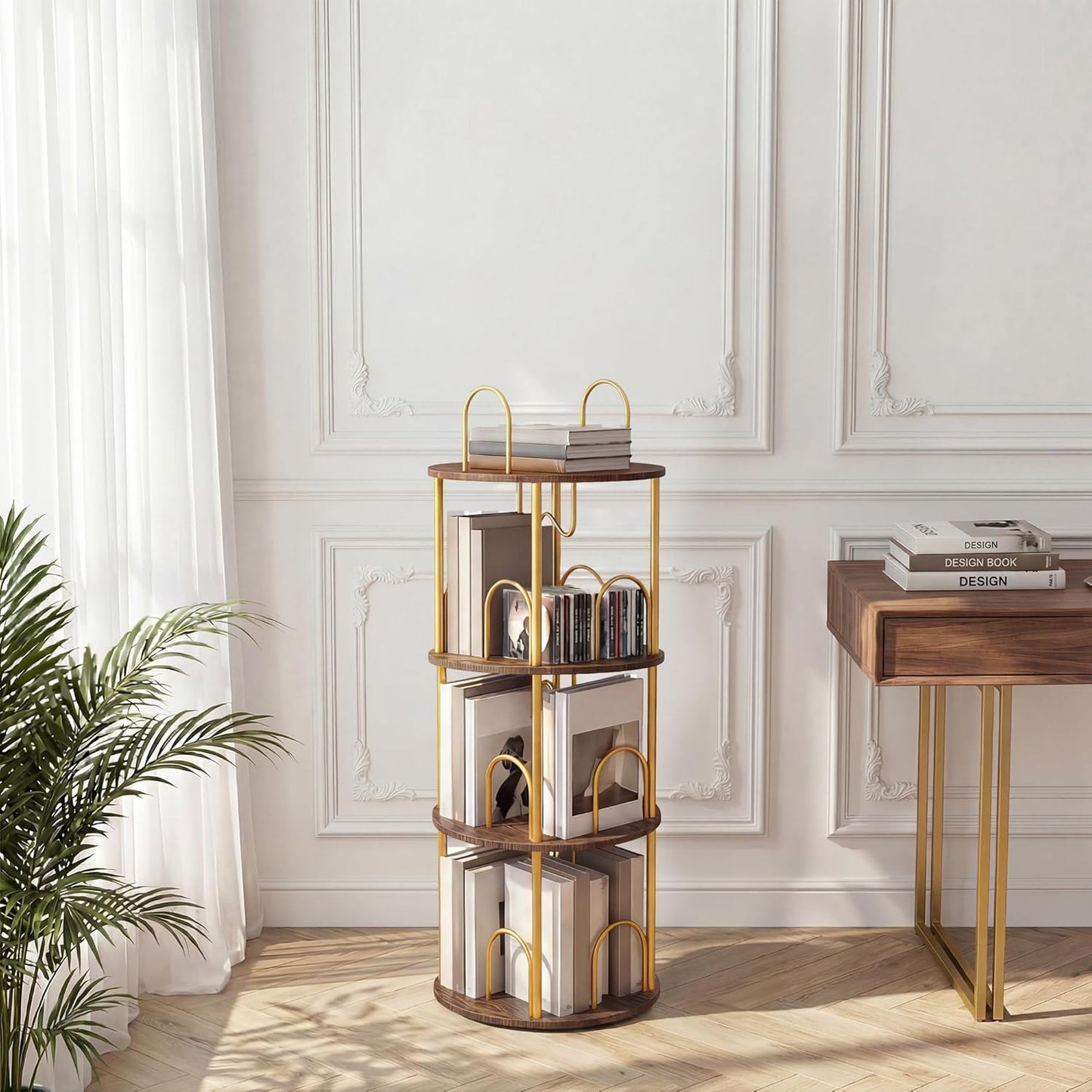 5 Tier Rotating Bookshelf, 360° Spinning Bookshelf Tower, Narrow Corner Book Shelf, Revolving Bookcase Corner Tall Book Shelf for Small Spaces, Bedroom, Living Room, Gold