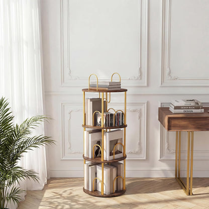 5 Tier Rotating Bookshelf, 360° Spinning Bookshelf Tower, Narrow Corner Book Shelf, Revolving Bookcase Corner Tall Book Shelf for Small Spaces, Bedroom, Living Room, Gold