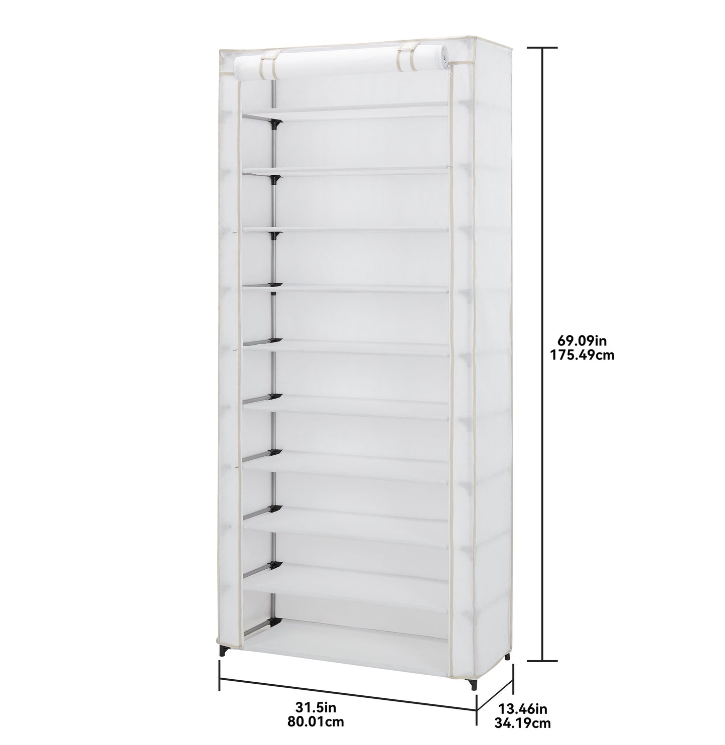 Mainstays 10-Shelf Shoe Organizer with Cover, Accommodates 30 Pairs, Dimensions: 31.5"W x 13.46"D x 69.09"H, White