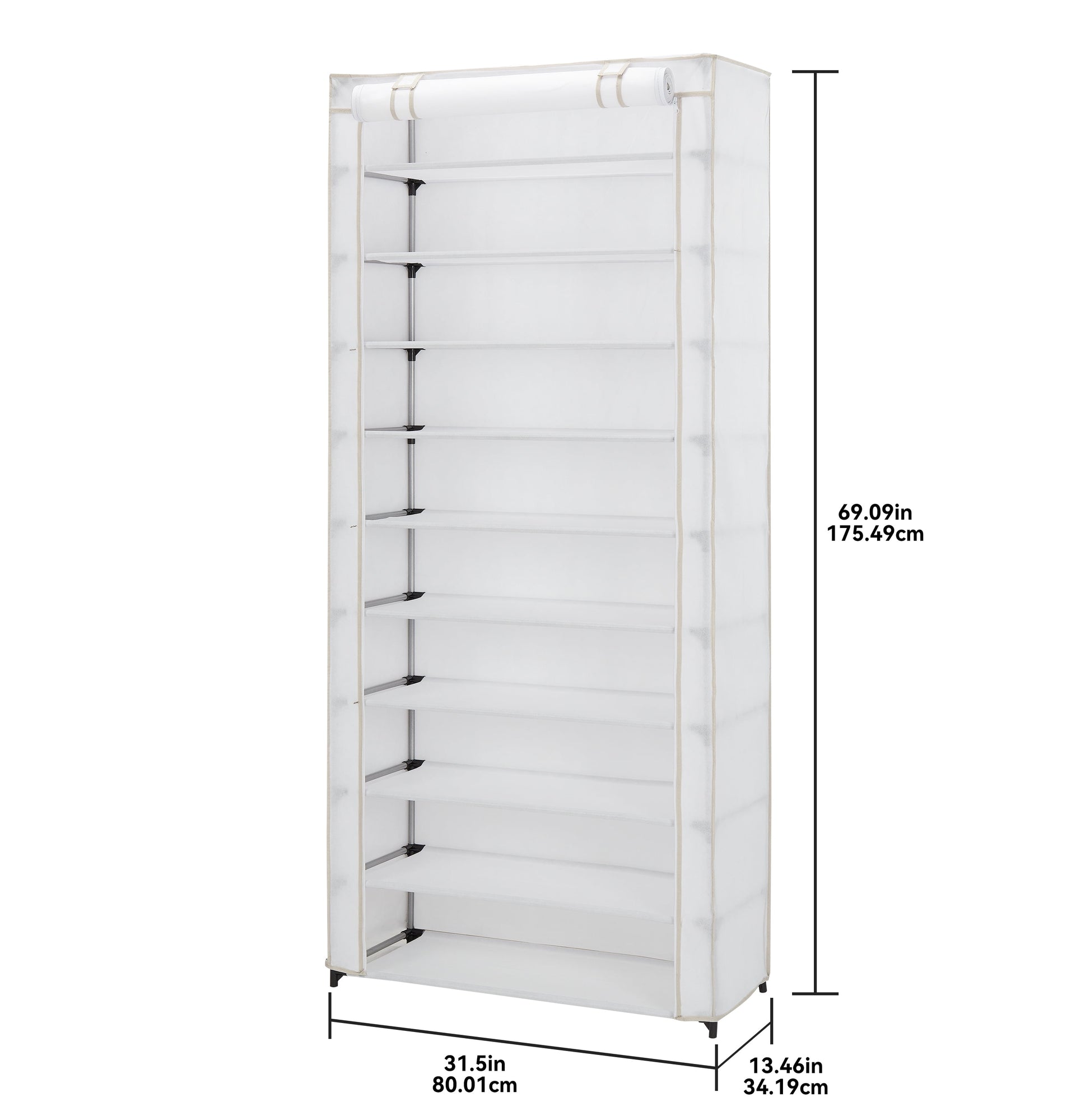 Mainstays 10-Shelf Shoe Organizer with Cover, Accommodates 30 Pairs, Dimensions: 31.5"W x 13.46"D x 69.09"H, White