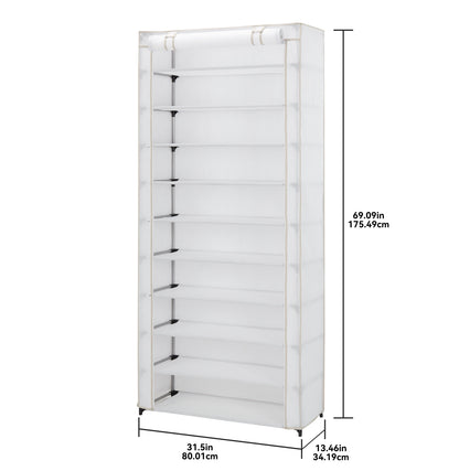 Mainstays 10-Shelf Shoe Organizer with Cover, Accommodates 30 Pairs, Dimensions: 31.5"W x 13.46"D x 69.09"H, White