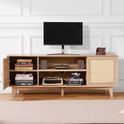 VEVOR Rattan TV Stand, Mid Century Modern TV Stand for 75 Inch TV, Boho Rattan TV Cabinet with Build-In Socket and USB Ports, Adjustable Shelfs for Living Room, Media Room, Oak