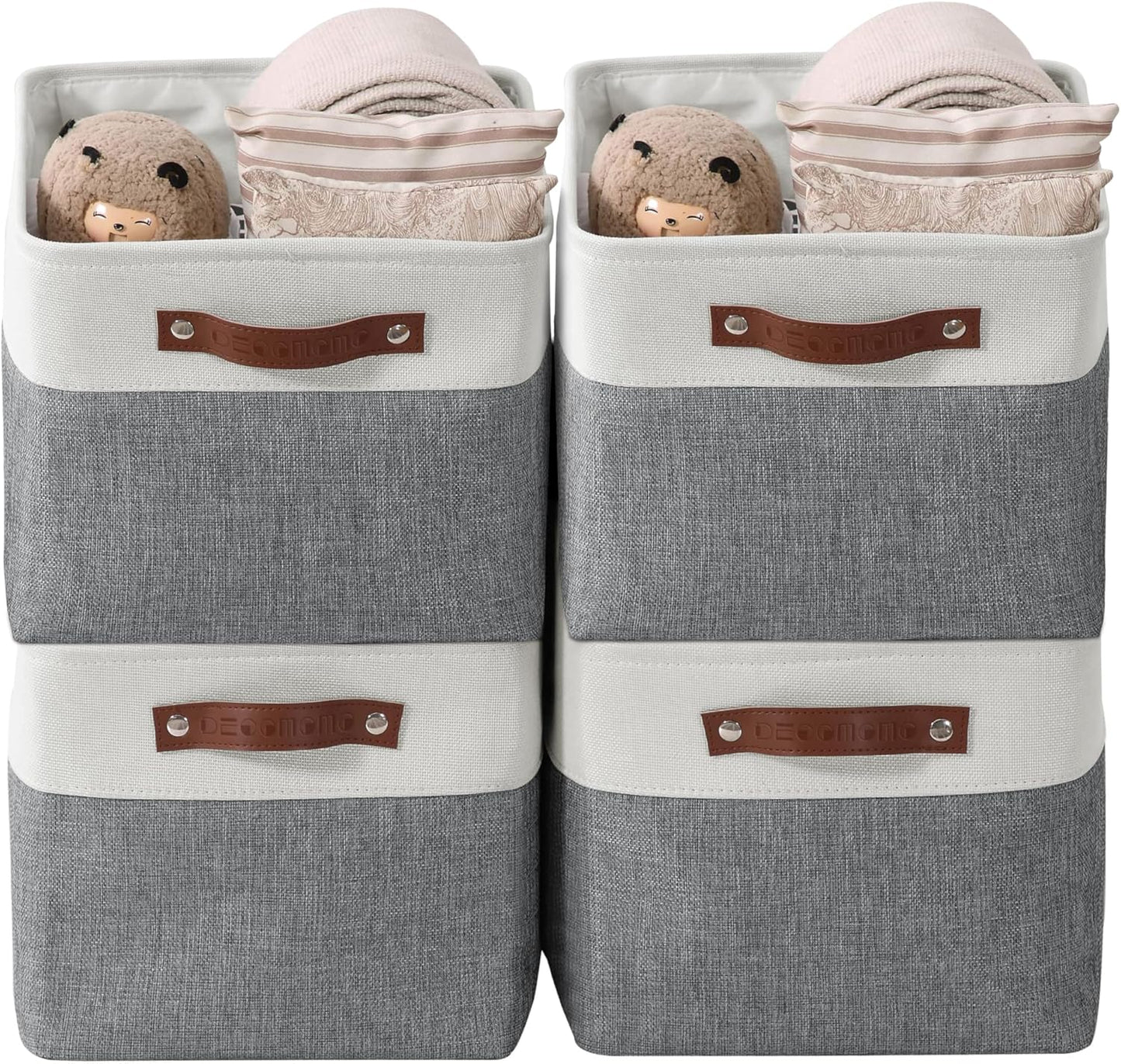 DECOMOMO Storage Bins, Large Fabric Storage Baskets for Shelves, Decorative Linen Closet Organizer, 15 X 11 X 9.5 Inches (Grey & White, 4 Pack)