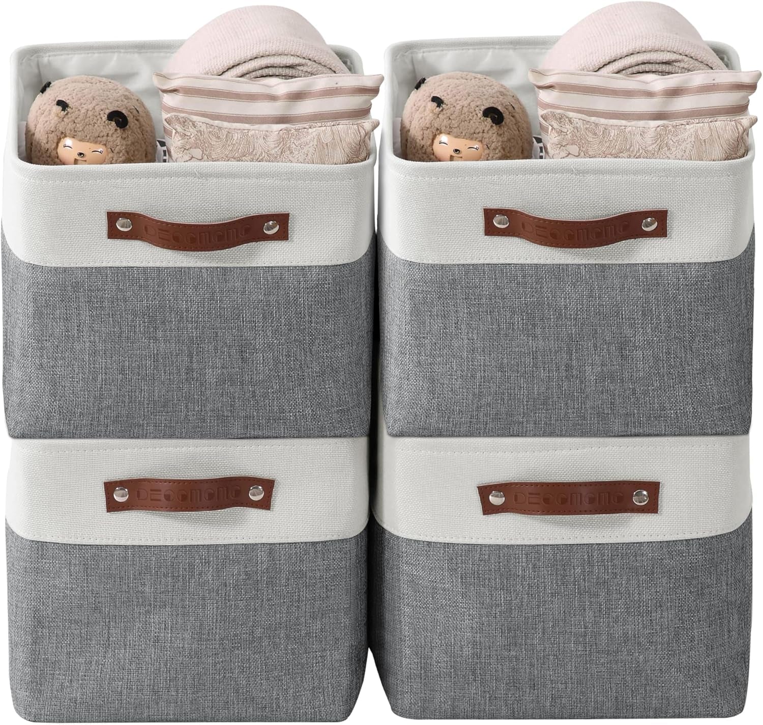 DECOMOMO Storage Bins, Large Fabric Storage Baskets for Shelves, Decorative Linen Closet Organizer, 15 X 11 X 9.5 Inches (Grey & White, 4 Pack)