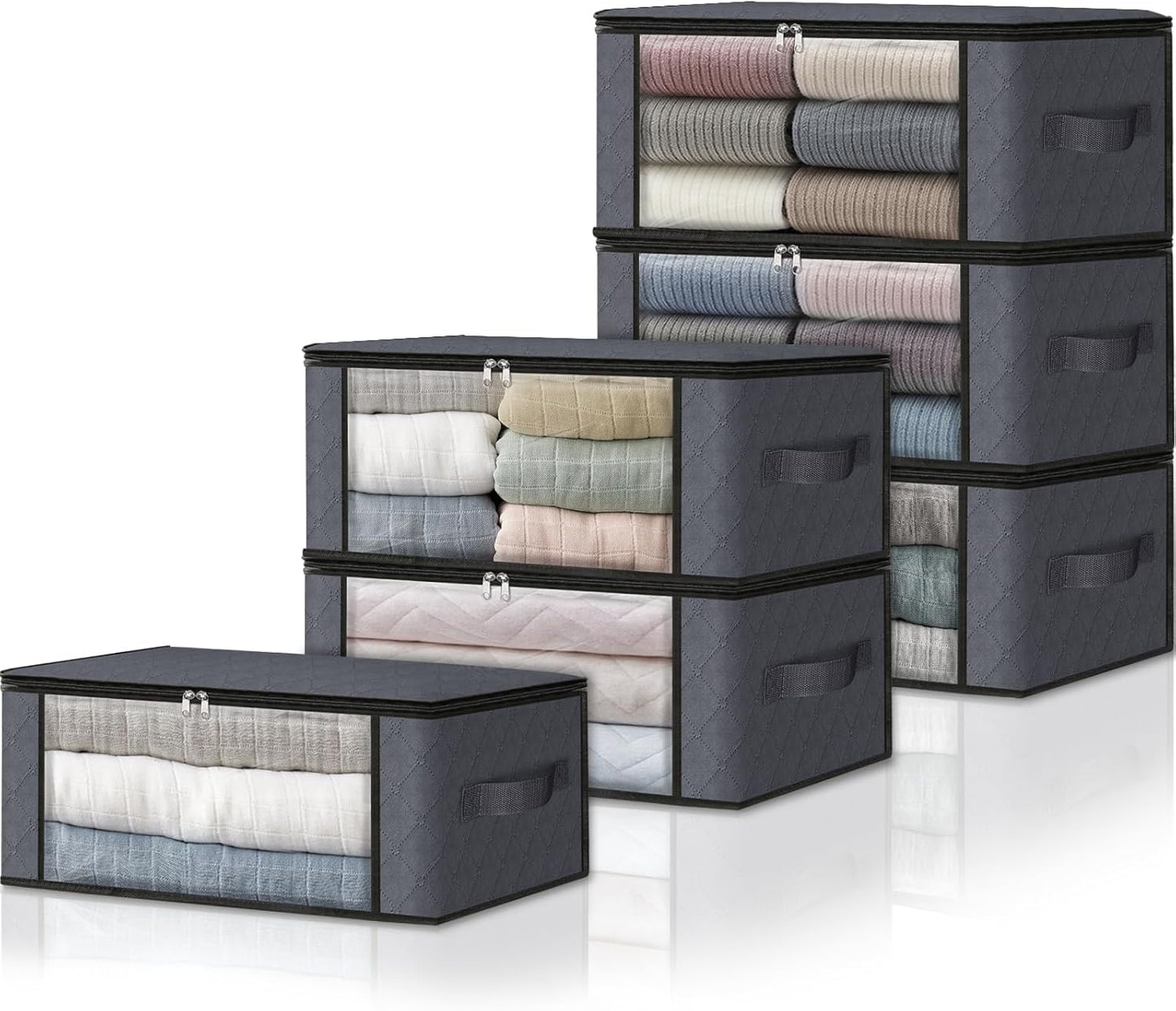 Homehacks Storage 3-Pack Clothes Organizer Storage Bags Foldable Storage Box with Large Clear Window Sturdy Handles for Closet, Dorm, Pillows, Bedding, Clothes, Blankets, 35L, Gray