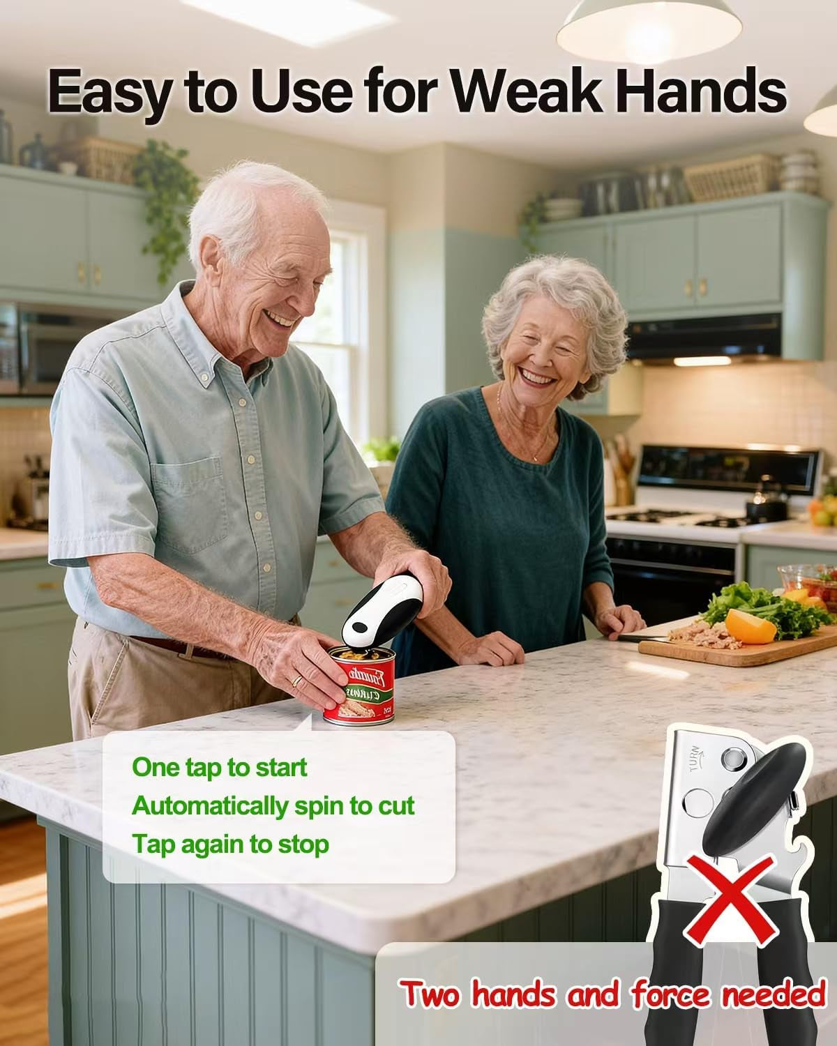 Rechargeable electric can opener, size reference next to a can
