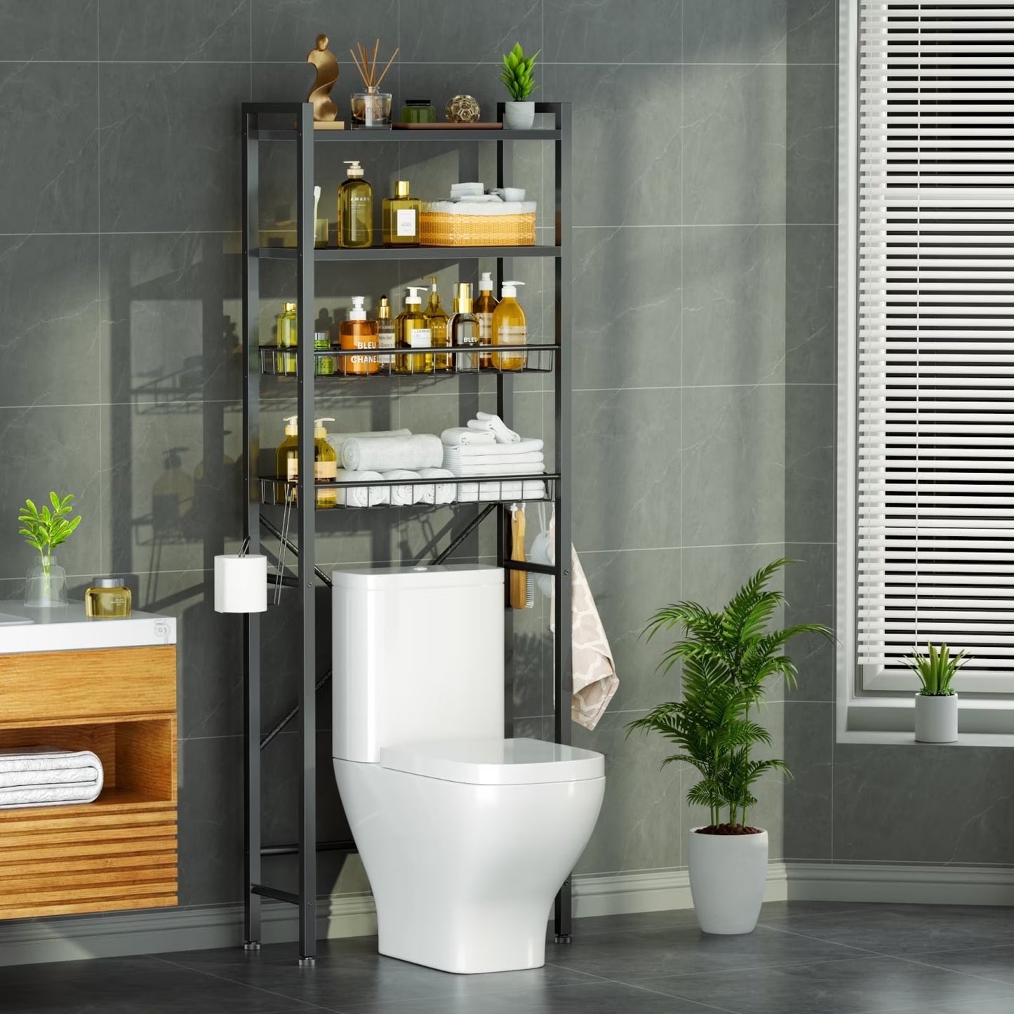 Capri 4-Tier Over-The-Toilet Storage Shelf, Bathroom Organizer Shelf over Toilet, Freestanding Space Saver Rack with Adjustable Shelf and Basket, Rustic Brown