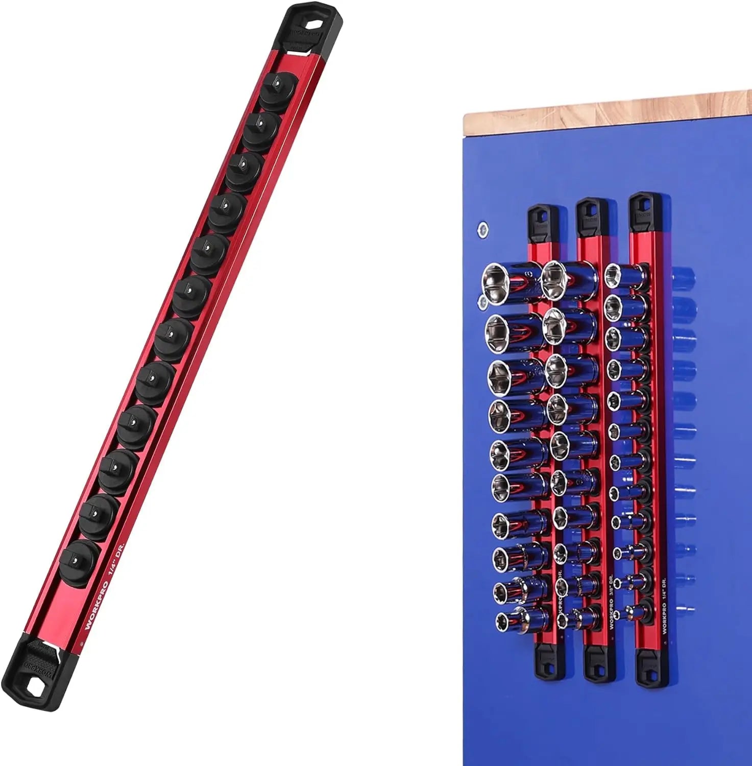 Magnetic Socket Organizer, 1/4" Drive Aluminum Alloy Socket Holder with 12PC Removable Socket Clips for Quick Customization, Socket Rail for Tool Box Drawer (Sockets Not Included)