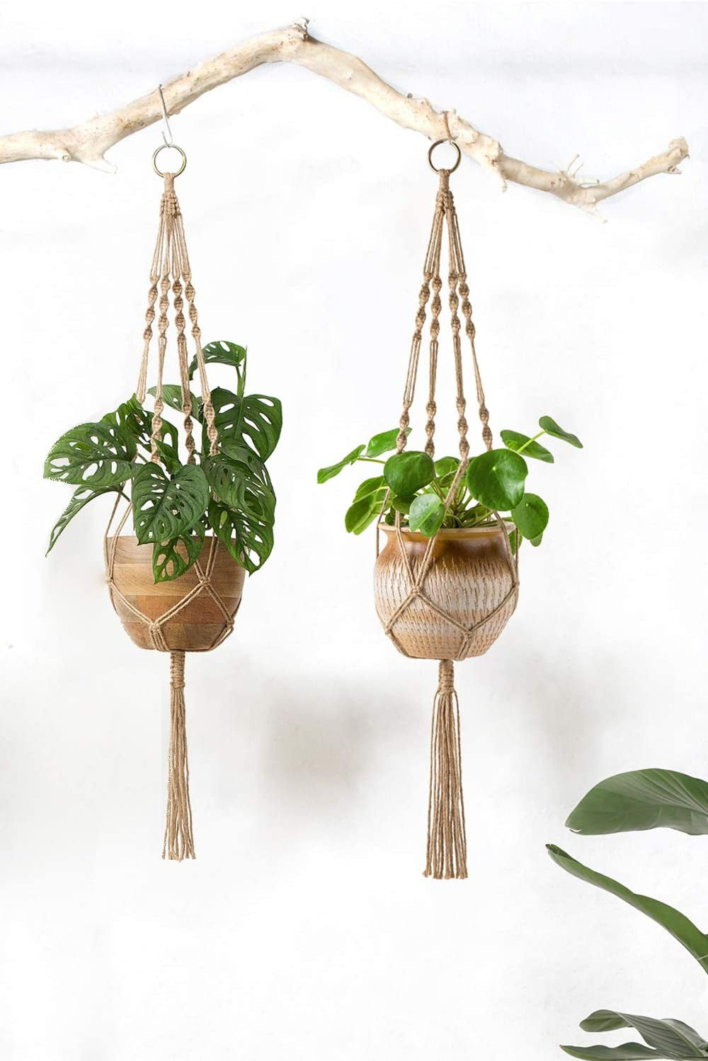 Mkono Set of 2 Macrame Plant Hangers - 40 Inch Decorative Jute Rope Indoor/Outdoor Flower Pot Holders with 4 Legs, Brown
