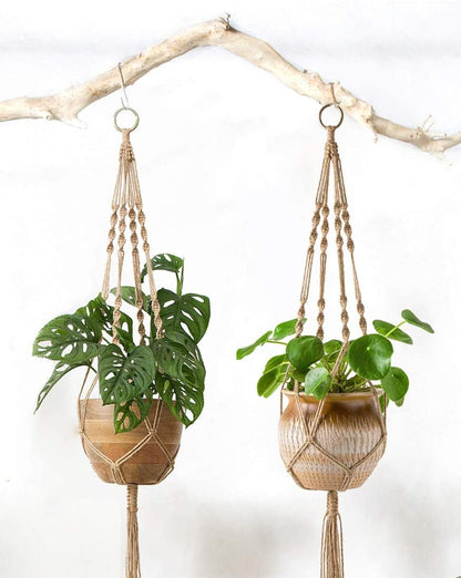 Set of 2 Macrame Plant Hangers - 40 Inch Decorative Jute Rope Indoor/Outdoor Flower Pot Holders with 4 Legs, Brown