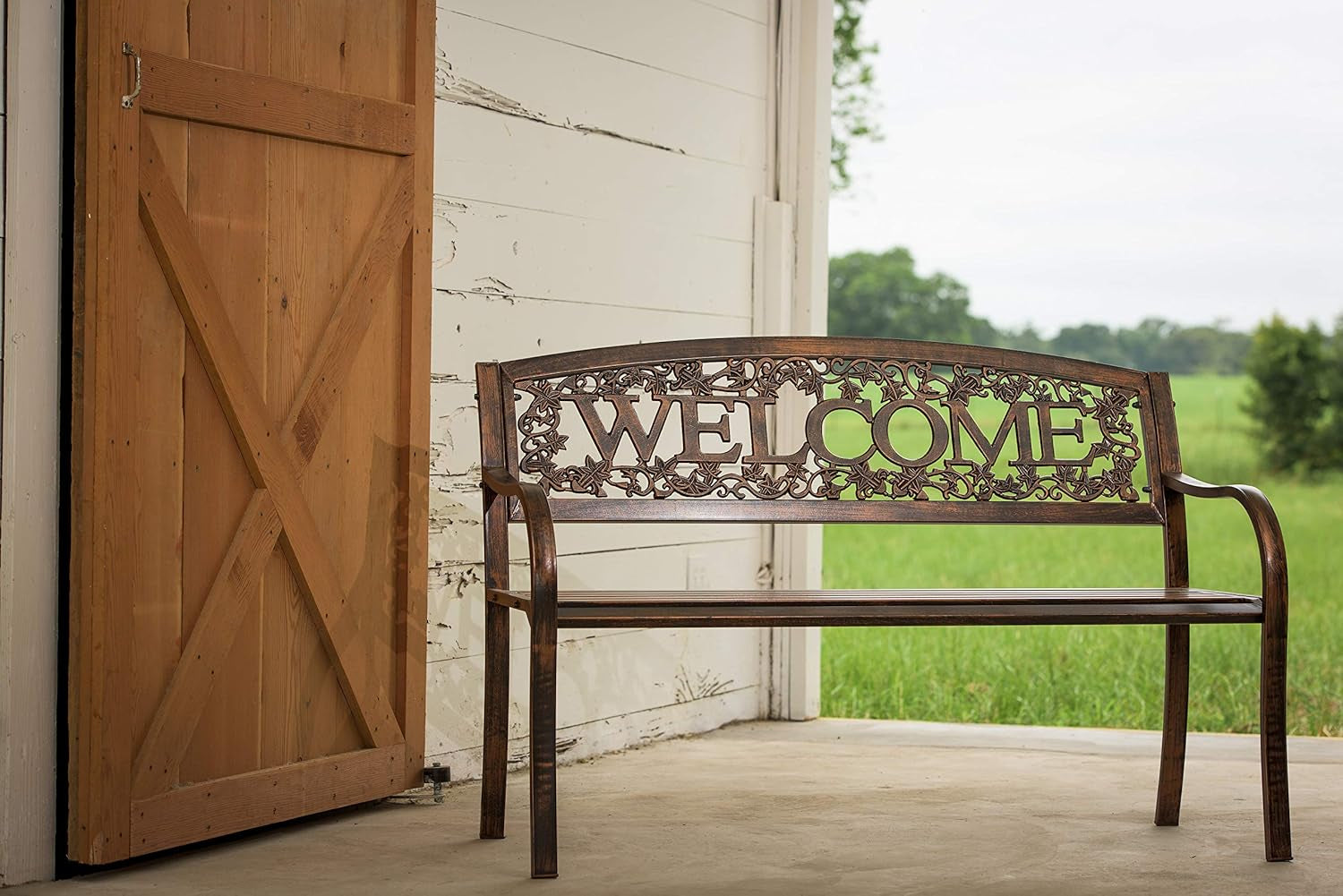 Leigh Country Metal Outdoor Bench, Welcome Design, Decorative Patio Seating for Porch/Deck