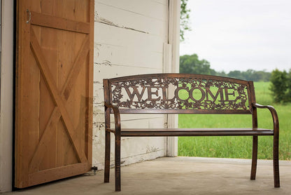 Leigh Country Metal Outdoor Bench, Welcome Design, Decorative Patio Seating for Porch/Deck