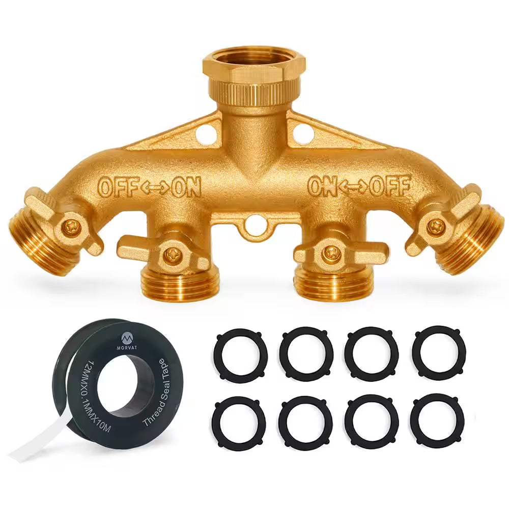 Brass Garden Hose Splitter, Heavy-Duty 4-Way Hose Connector Fitting