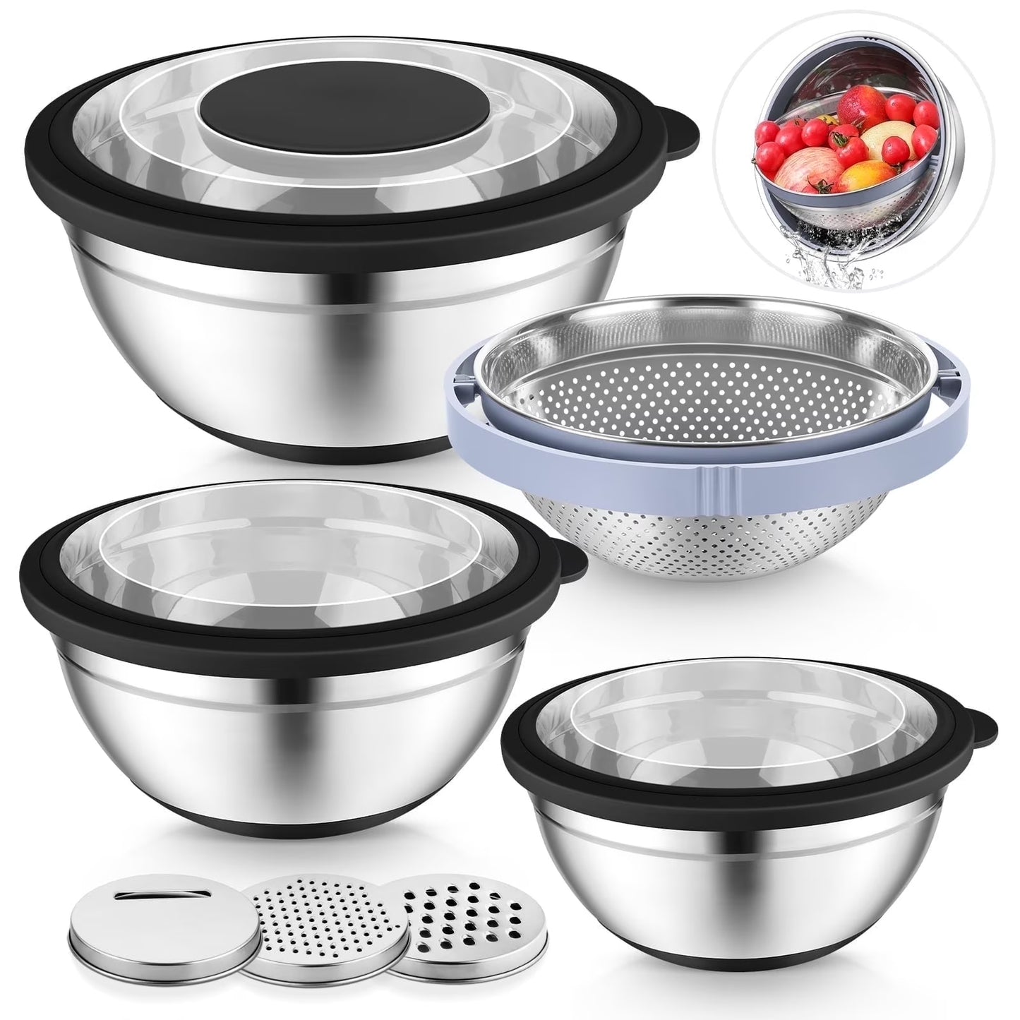 Vesteel Mixing Bowls with Lids Set of 7, Stainless Steel Nesting Bowls with Colander and 3 Graters for Draining Prepping Slicing, Nonslip Bottoms & Airtight Lid, Size 4.6, 2.6, 1.5 Qt, Blue