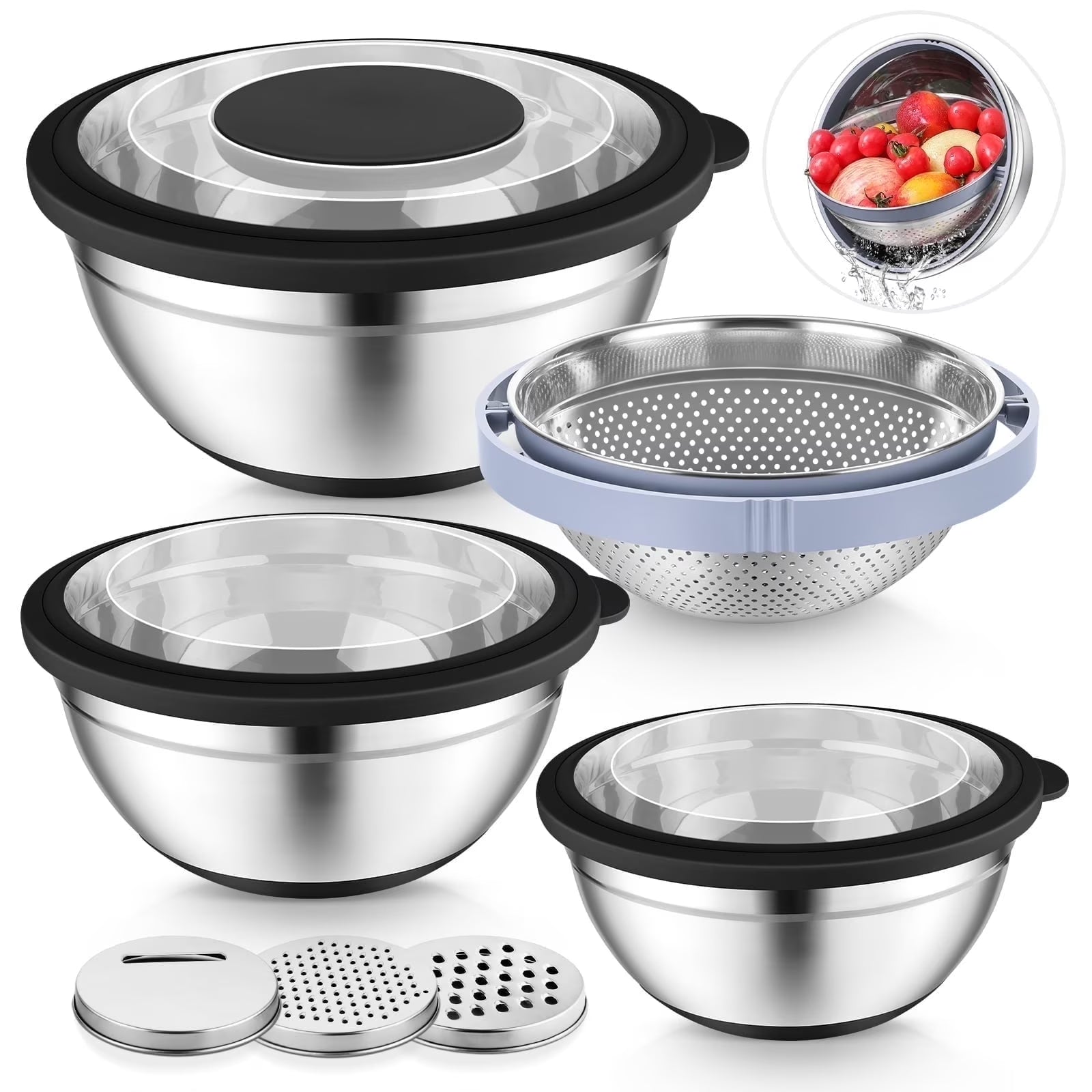 Vesteel Mixing Bowls with Lids Set of 7, Stainless Steel Nesting Bowls with Colander and 3 Graters for Draining Prepping Slicing, Nonslip Bottoms & Airtight Lid, Size 4.6, 2.6, 1.5 Qt, Blue
