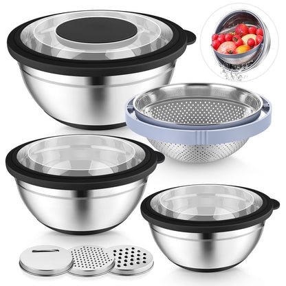 Vesteel Mixing Bowls with Lids Set of 7, Stainless Steel Nesting Bowls with Colander and 3 Graters for Draining Prepping Slicing, Nonslip Bottoms & Airtight Lid, Size 4.6, 2.6, 1.5 Qt, Blue