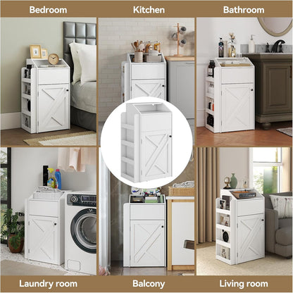 Trash Bin Cabinet, 10-Gallon Freestanding Waste Bin with Flip Door and Storage Rack, Indoor Wooden Hidden Garbage Cabinet, for Kitchen, Dinning, White