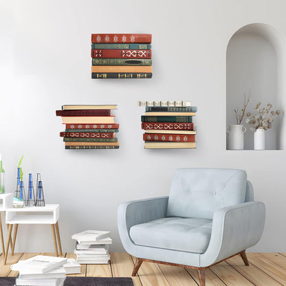 Invisible floating iron bookshelf shown with small decor items