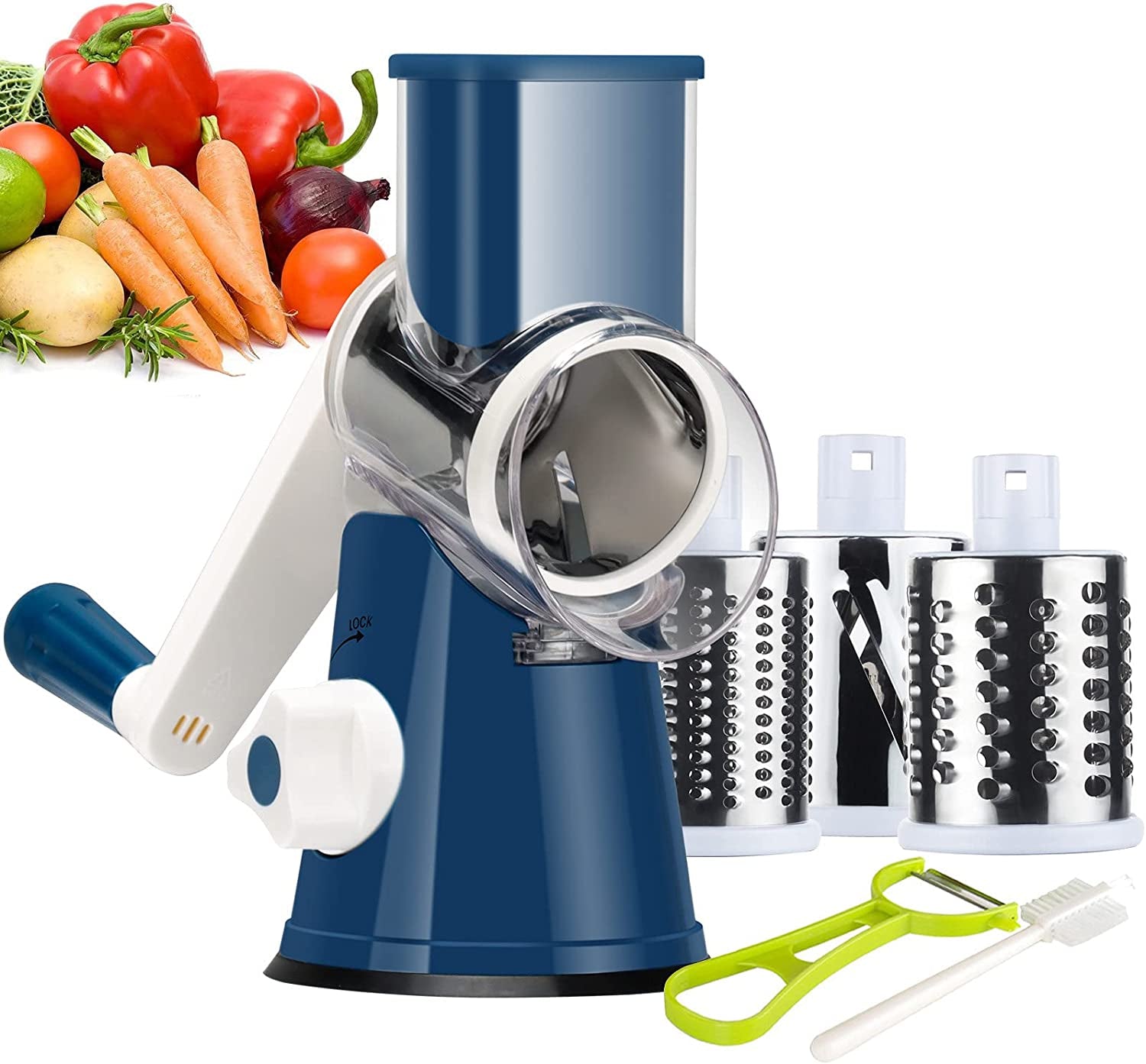 Ourokhome Rotary Cheese Grater Hand Crank, Kitchen Shredder Speed Mandolin Slicer Nut Grinder with Handle and Drum Blades for Cheese, Vegetable, Walnut, Chocolate, Potato, Carrot, 3 Blades, Green