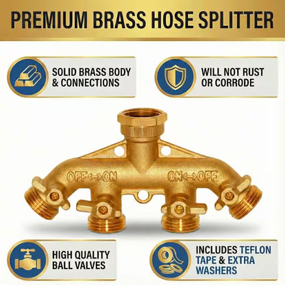 Brass Garden Hose Splitter, Heavy-Duty 4-Way Hose Connector Fitting