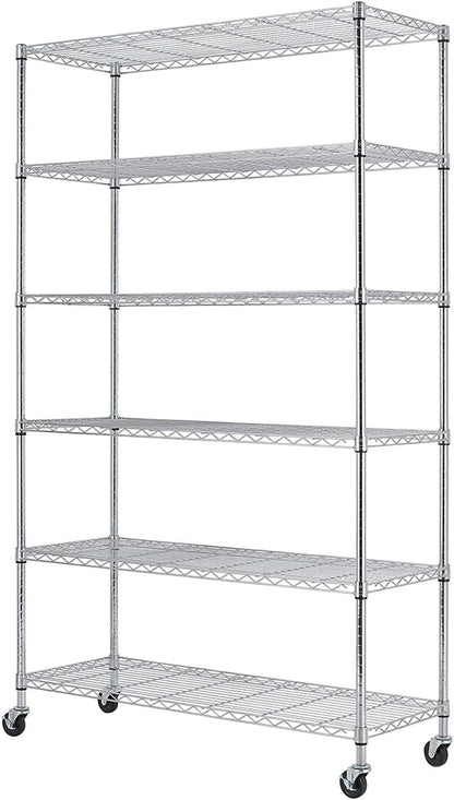 Bestoffice | 6-Tier Wire Storage Shelves with Wheels | 18X48X78 | Chrome | Adjustable Racks | Heavy-Duty Metal Shelf, Holds Upto 600 Lbs | No-Tool Assembly | Ideal for Home & Garage Shelving