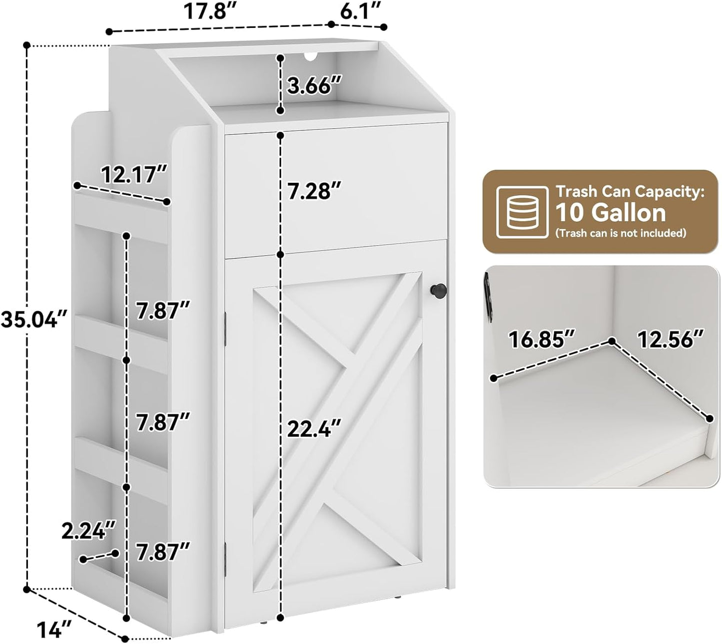 Trash Bin Cabinet, 10-Gallon Freestanding Waste Bin with Flip Door and Storage Rack, Indoor Wooden Hidden Garbage Cabinet, for Kitchen, Dinning, White
