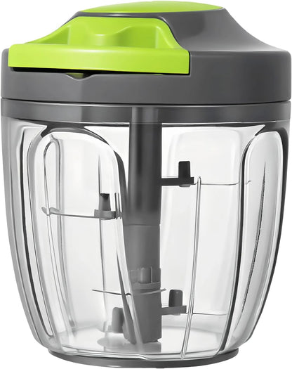 Pull-string manual food chopper, four stainless steel blades