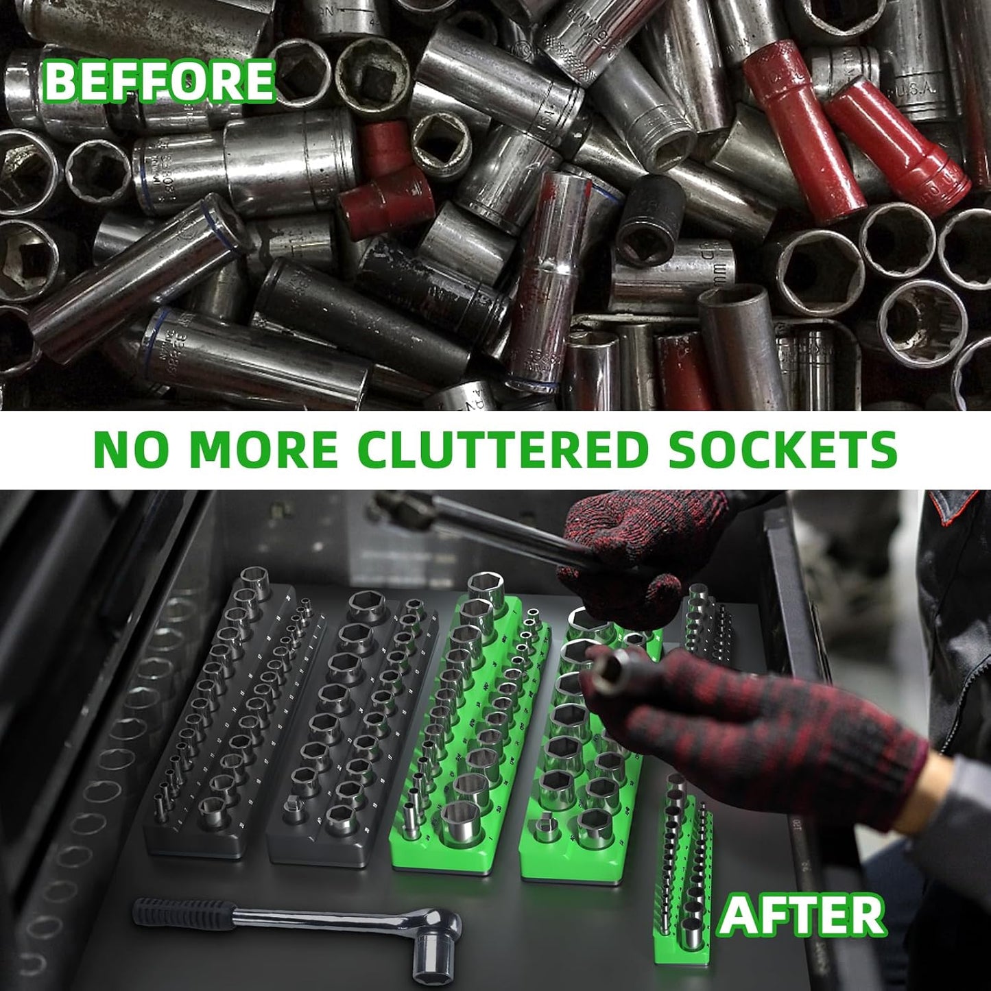 Magnetic socket organizer, 1/2 inch drive tray close-up