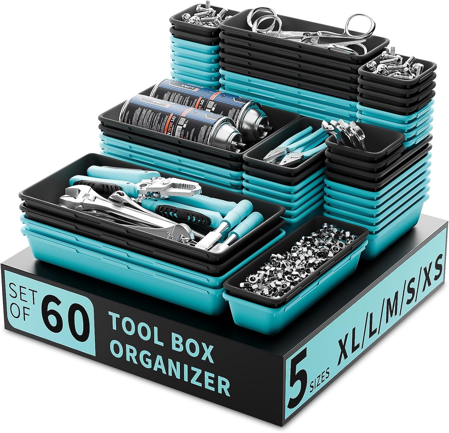 Tool Box Organizer Tray, Toolbox Desk Drawer Organizer, Tool Box Tray, Toolbox Organization Storage for Rolling Tool Chest (60PCS (Black+Red))