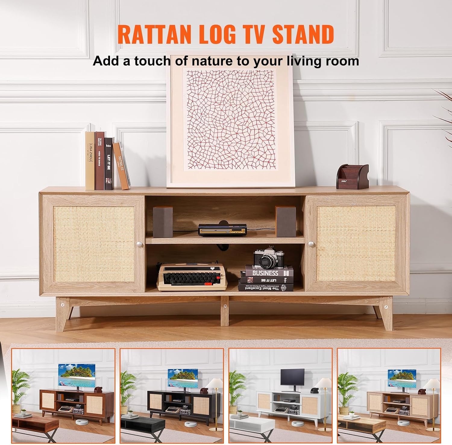VEVOR Rattan TV Stand, Mid Century Modern TV Stand for 75 Inch TV, Boho Rattan TV Cabinet with Build-In Socket and USB Ports, Adjustable Shelfs for Living Room, Media Room, Oak