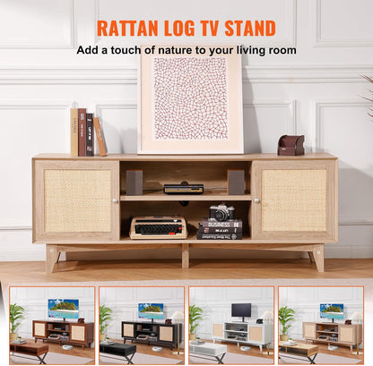 VEVOR Rattan TV Stand, Mid Century Modern TV Stand for 75 Inch TV, Boho Rattan TV Cabinet with Build-In Socket and USB Ports, Adjustable Shelfs for Living Room, Media Room, Oak