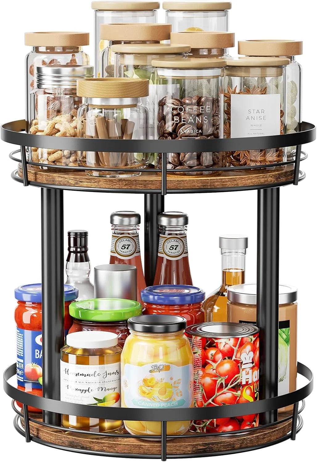 LAMU 12" Lazy Susans Turntable Organizer 2 Tier for Cabinet Pantry Kitchen Countertop Refrigerator Cupboard, Carbonized Wood Black