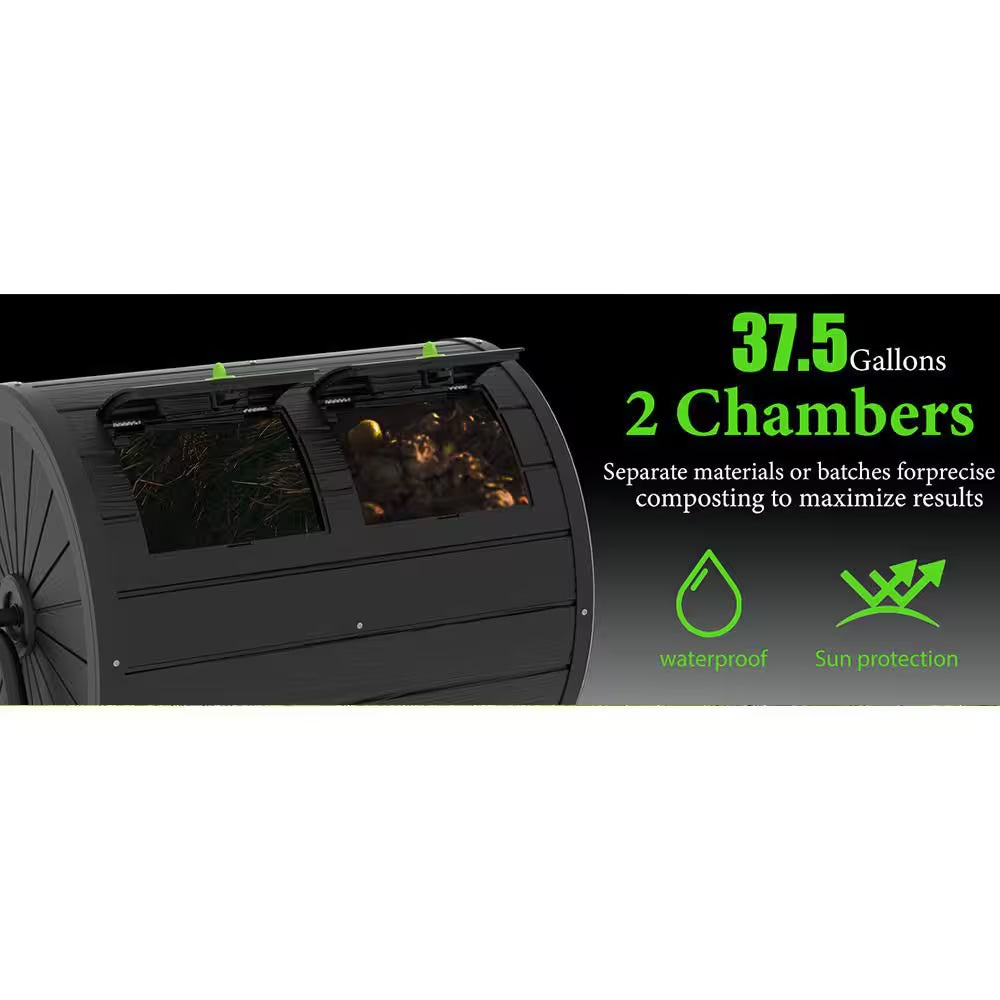 Compost Bin 37.5 Gal. Ual Chamber Composting Tumbler Large Tumbling Composter with 2 Doors and Frame