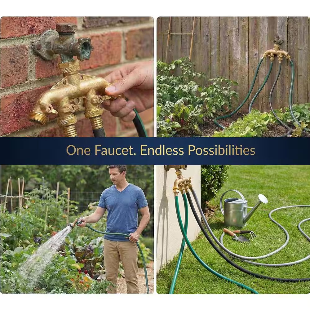Brass Garden Hose Splitter, Heavy-Duty 4-Way Hose Connector Fitting