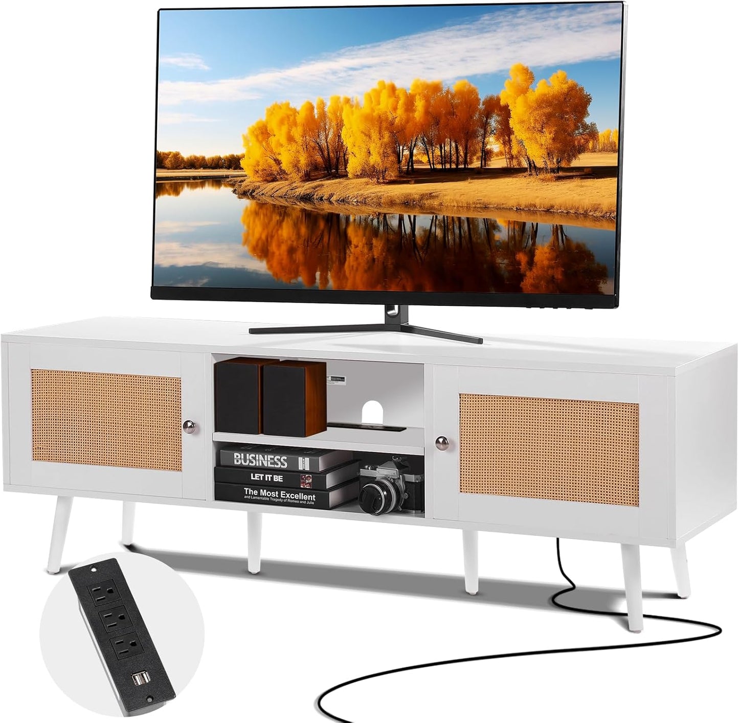 VEVOR Rattan TV Stand, Mid Century Modern TV Stand for 75 Inch TV, Boho Rattan TV Cabinet with Build-In Socket and USB Ports, Adjustable Shelfs for Living Room, Media Room, Oak