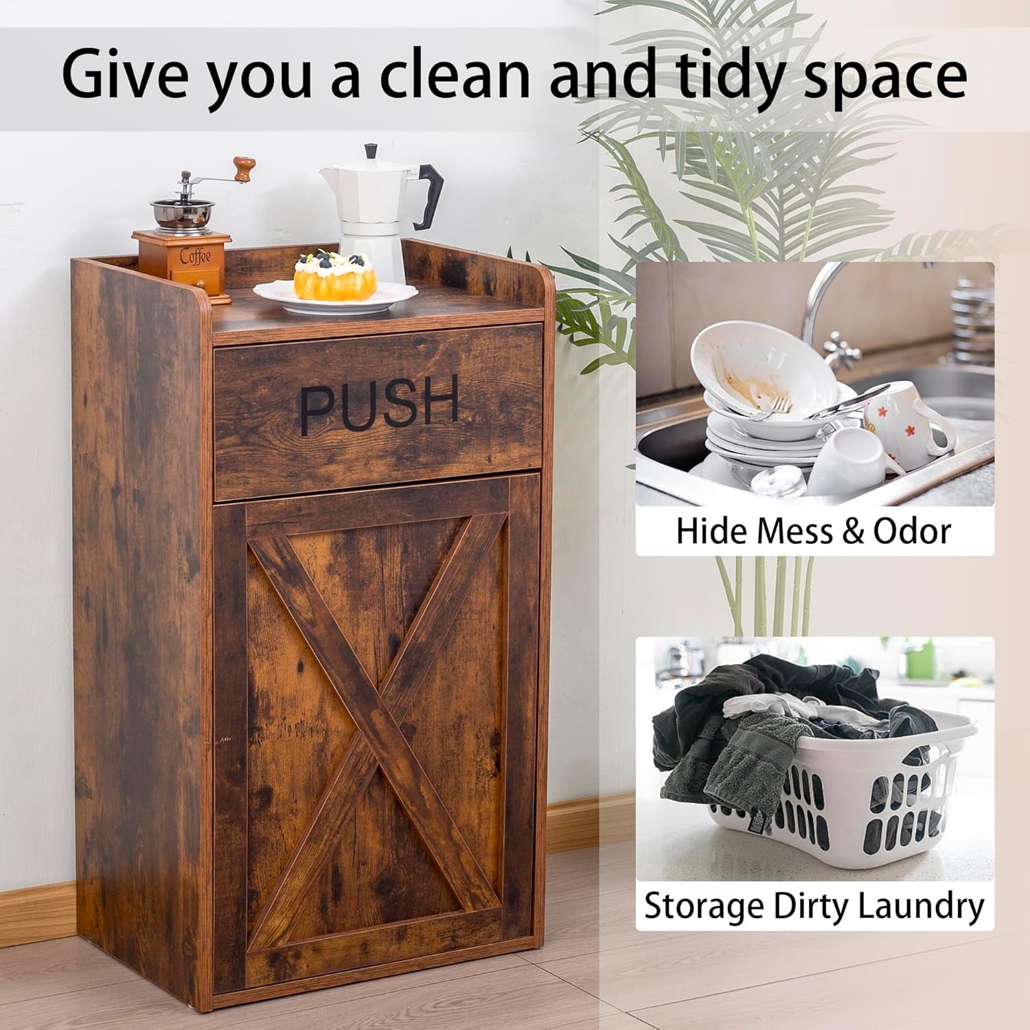 13 Gallons Tilt Out Trash Cabinet, Hidden Trash Can Cabinet Wooden Tilt Out Pet Proof Hidden Trash Bin Cabinet for Kitchen Living Room, Brown