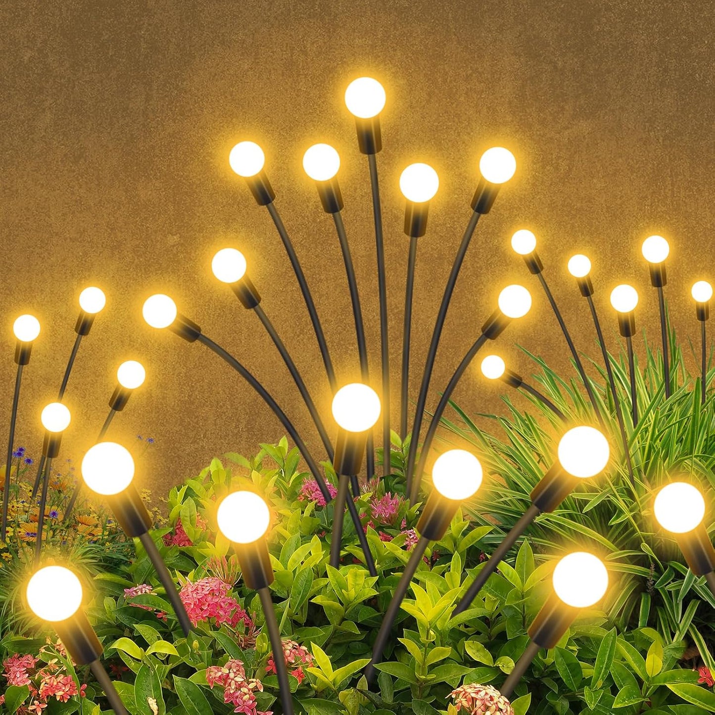 Solar firework starburst light, ground stake close-up