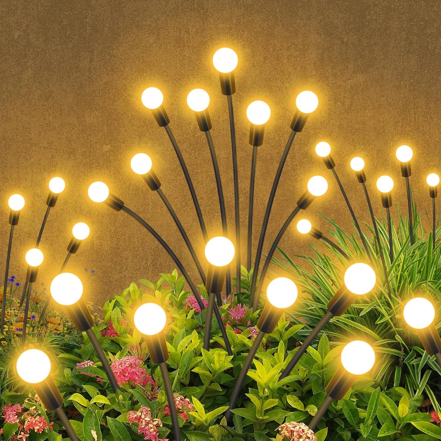 Solar firework starburst light, ground stake close-up