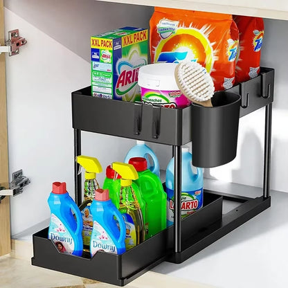 2 Tier under Sink Sliding Storage Basket Multifunctional Organizer Rack with Hooks Hanging Cup Space-Saving for Bathroom Kitchen
