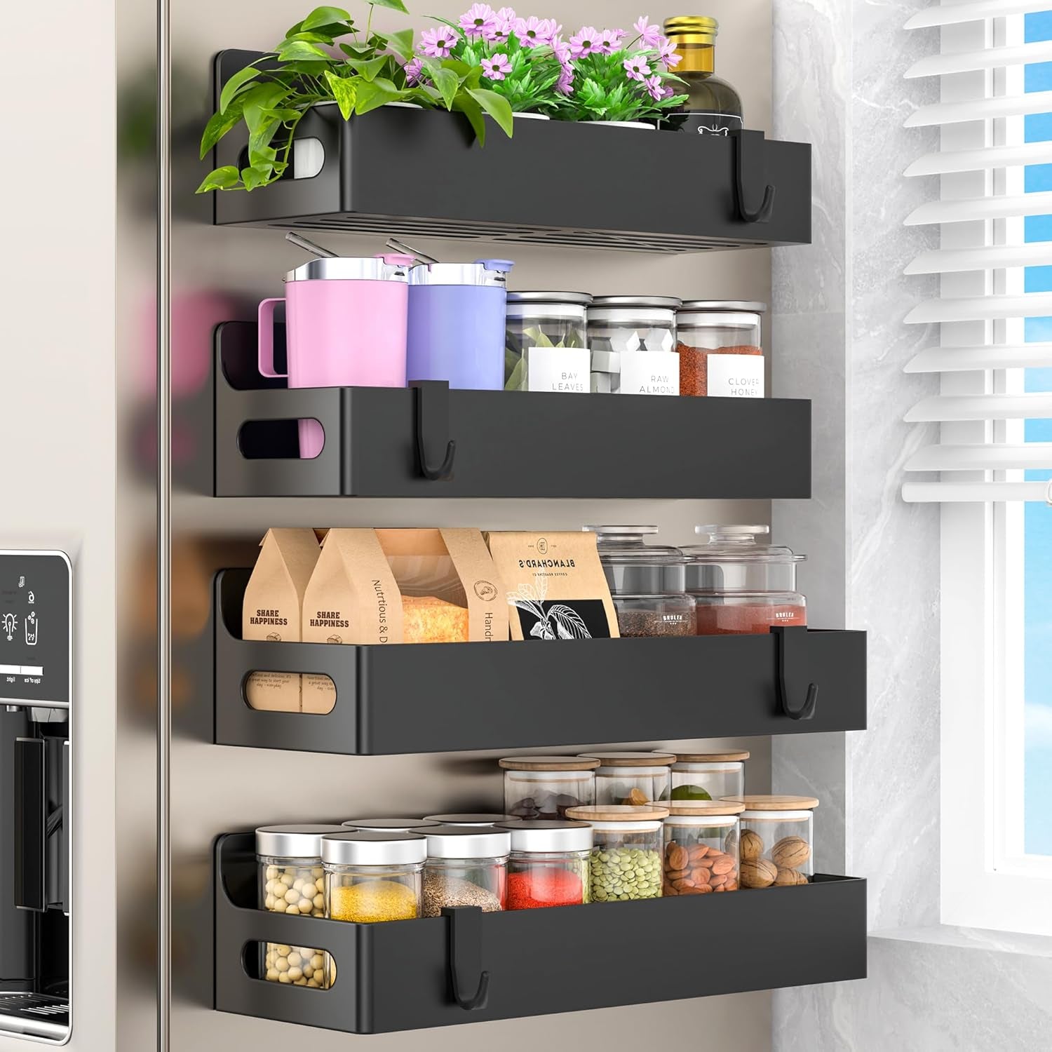 Magnetic fridge spice rack shown in a small kitchen
