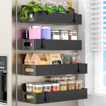 Magnetic fridge spice rack shown in a small kitchen