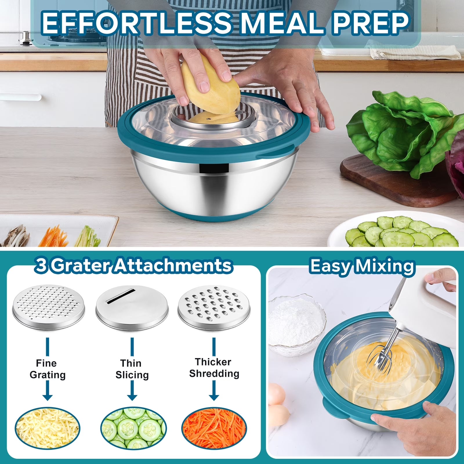 Vesteel Mixing Bowls with Lids Set of 7, Stainless Steel Nesting Bowls with Colander and 3 Graters for Draining Prepping Slicing, Nonslip Bottoms & Airtight Lid, Size 4.6, 2.6, 1.5 Qt, Blue